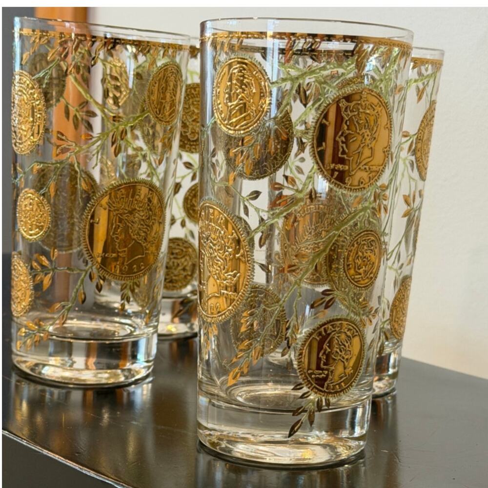 Vintage Culver Rare Midas Highball Tumbler Glass Coins and Vines MCM Set of 4 - Picture 5 of 14